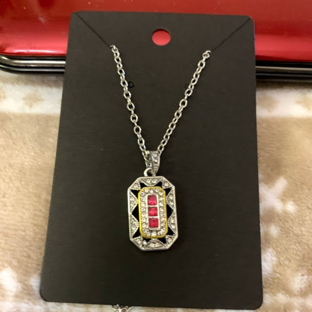 Silver & Gold Tone Fashion Charm with Pink Gemstone Pendant with Necklace